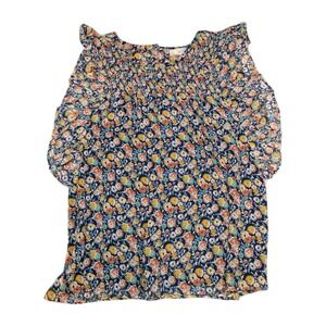 Loft‎ Floral Blouse Mixed Media Smocked Neck Flutter Sleeve Women's Size M